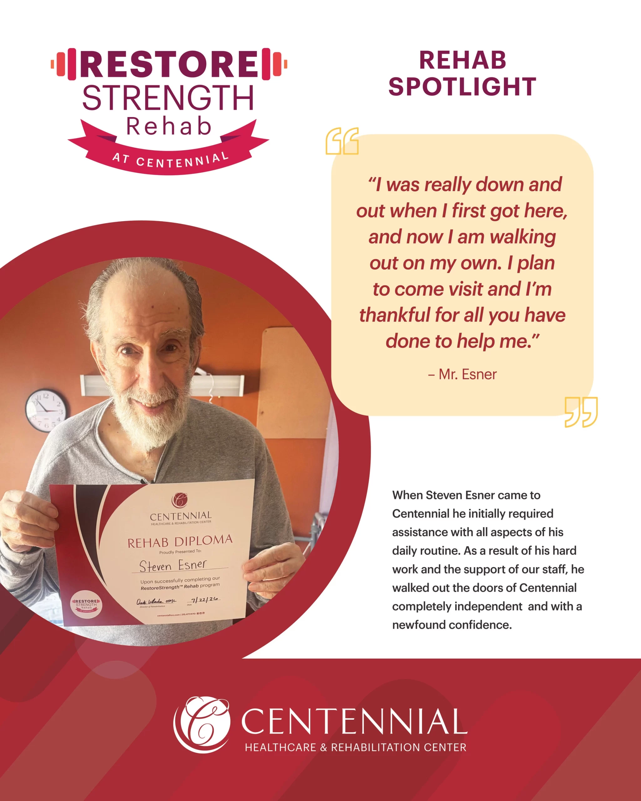Mr. Esner: Rehab success story at Centennial Healthcare & Rehabilitation Center, Philadelphia