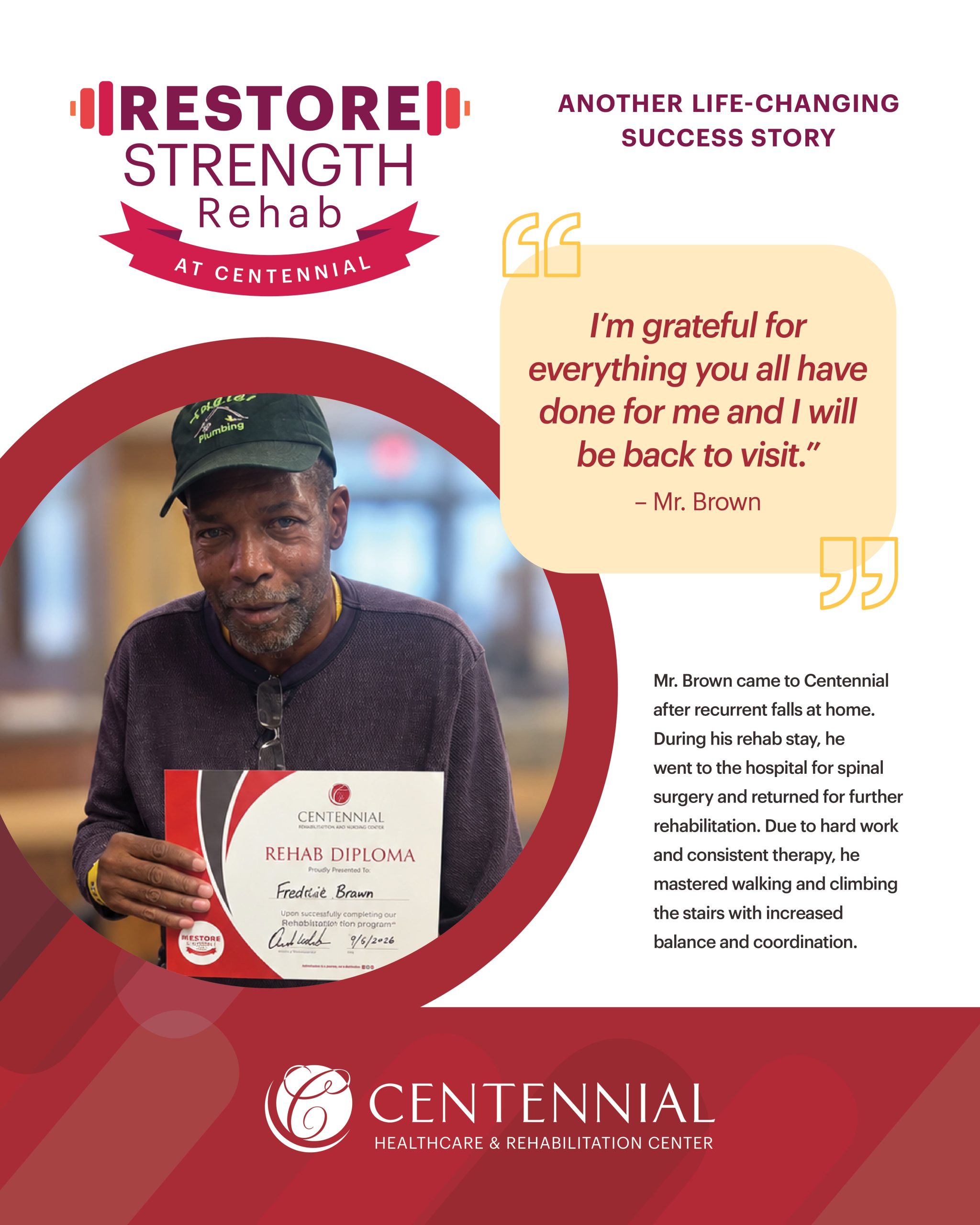 mr brown: Rehab success story at Centennial Healthcare & Rehabilitation Center, Philadelphia