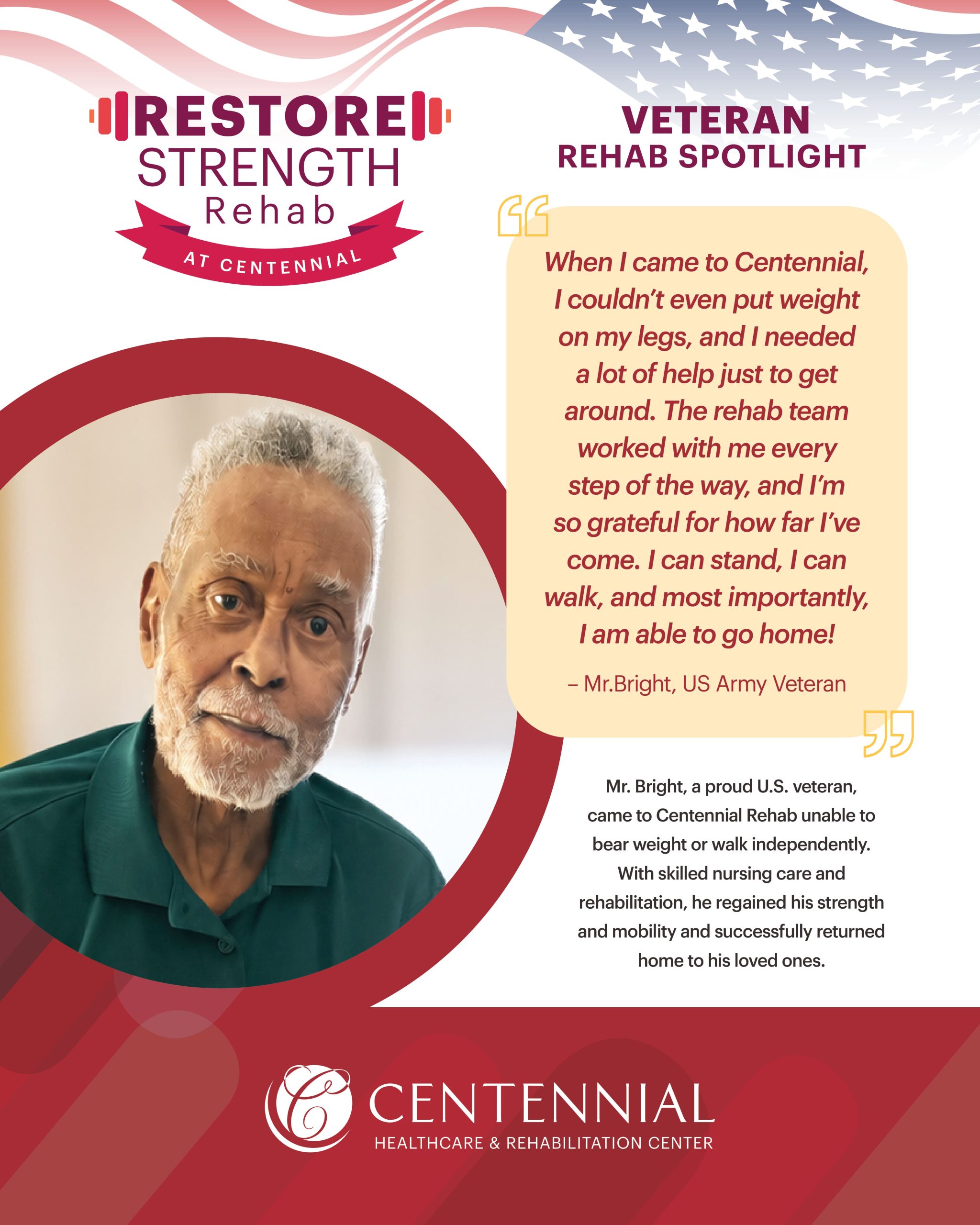 mr bright: Rehab success story at Centennial Healthcare & Rehabilitation Center, Philadelphia